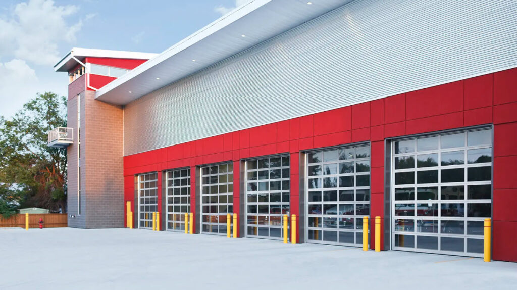 six commercial glass garage doors